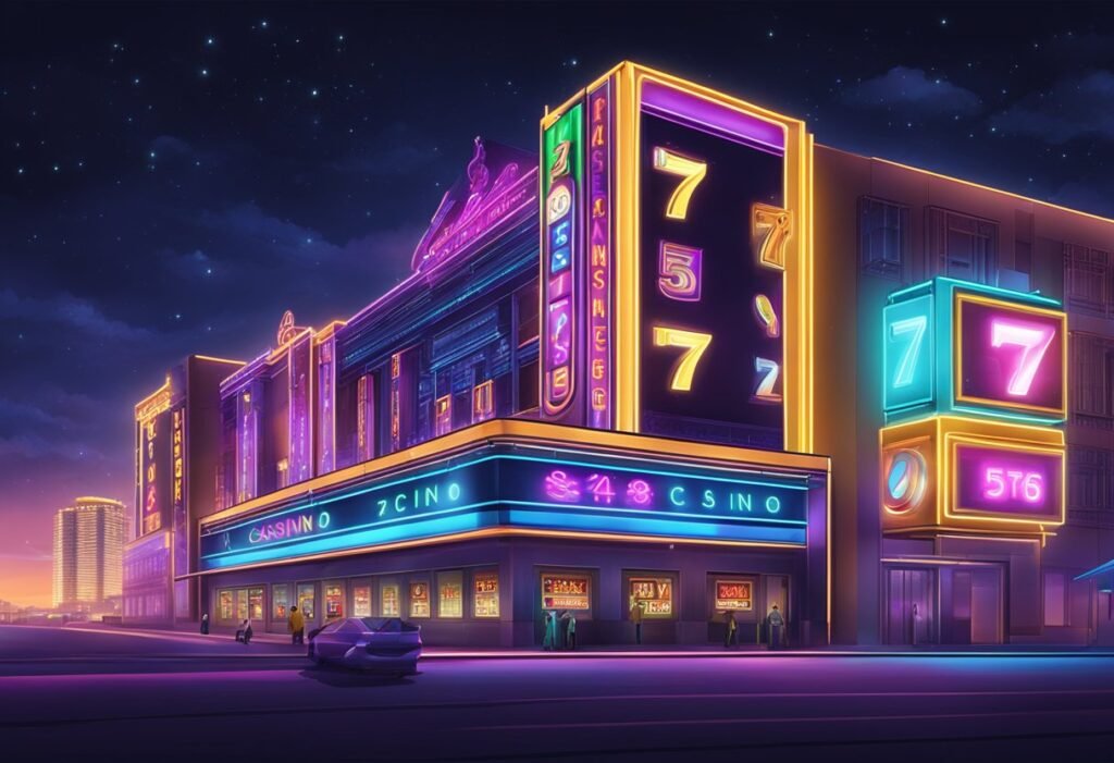 Beneath the dazzling glow of neon lights, Digits 7 Casino comes to life at night, bustling with energy as enthusiastic players gather and colorful slot machines buzz with activity.