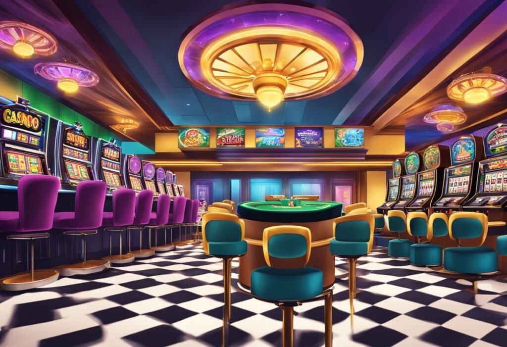A variety of casino games fill the vibrant room at Digits 7 Casino. Slot machines, roulette tables, and card games all beckon to eager players